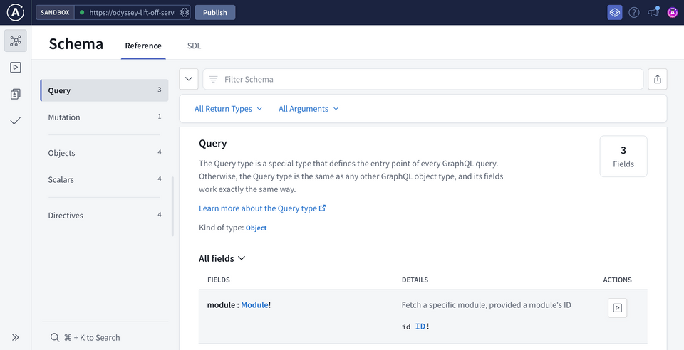 The Schema Reference page in Sandbox, now connected to a GraphQL API