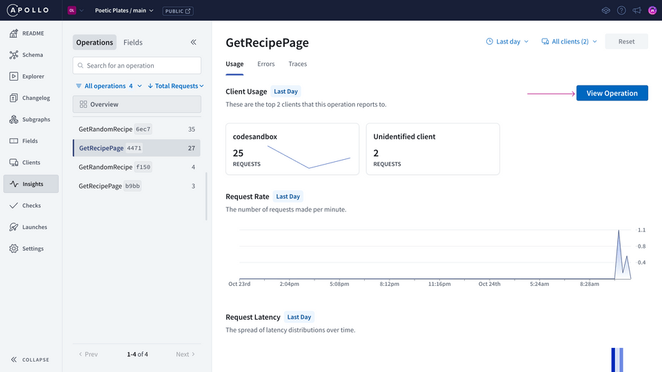 Operations page filter for a specific operation in Studio