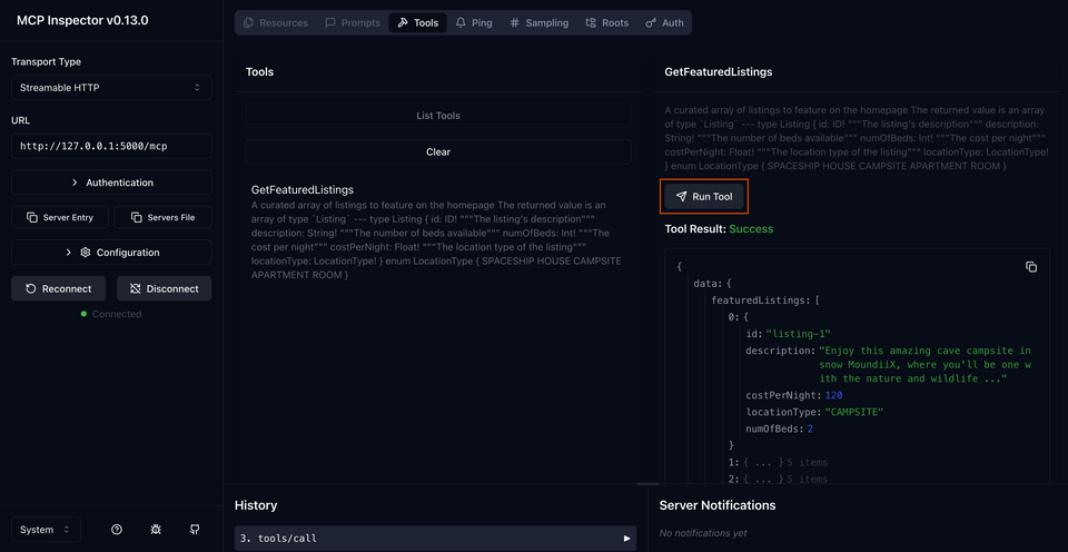 The MCP inspector with a successful request executed, and the Run Tool button highlighted