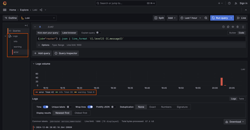 A screenshot of the menus in Loki error logs to choose different levels
