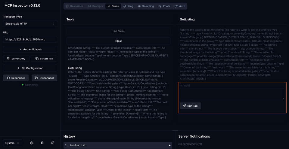 The MCP Inspector, highlighting the new input field for a listing ID