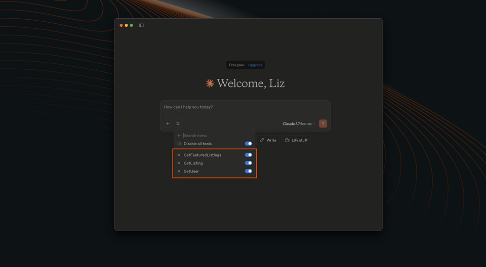 A screenshot of the Claude interface, showing three airlock tools in the dropdown