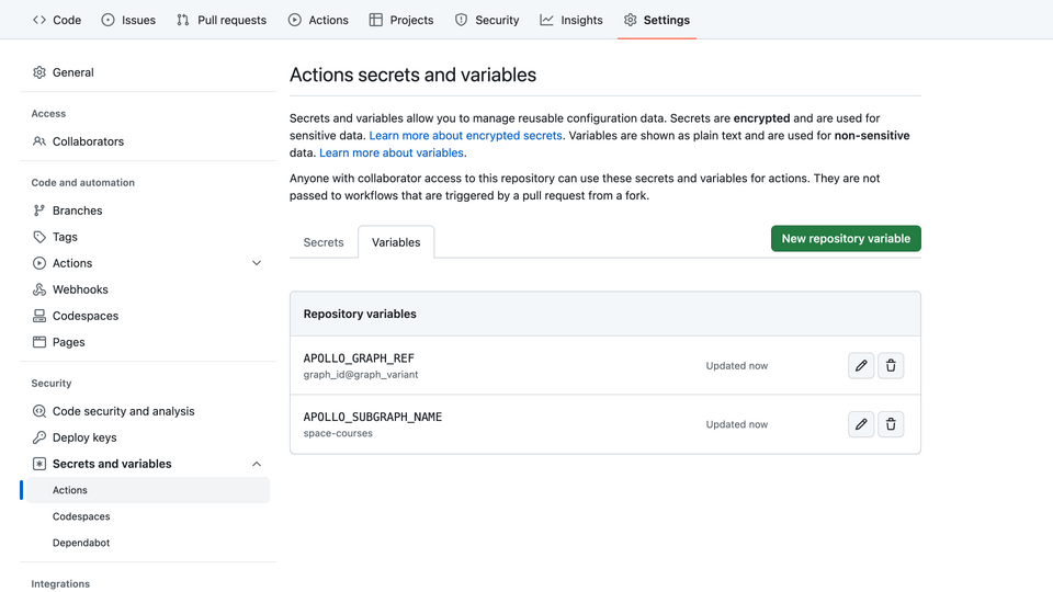 GitHub variables successfully added