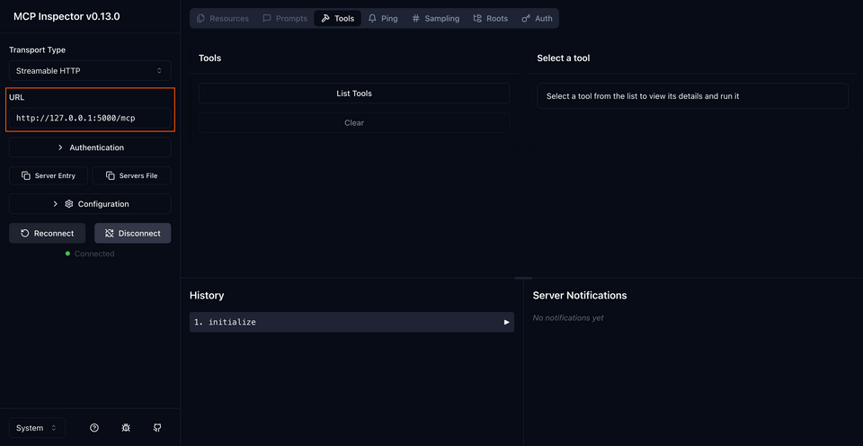 The MCP Inspector, showing the results after clicking Connect