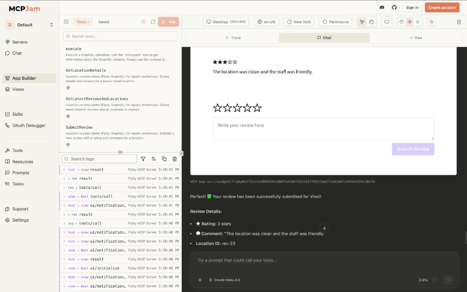 MCPJam after SubmitReview: confirmation in the chat with rating, comment, and location