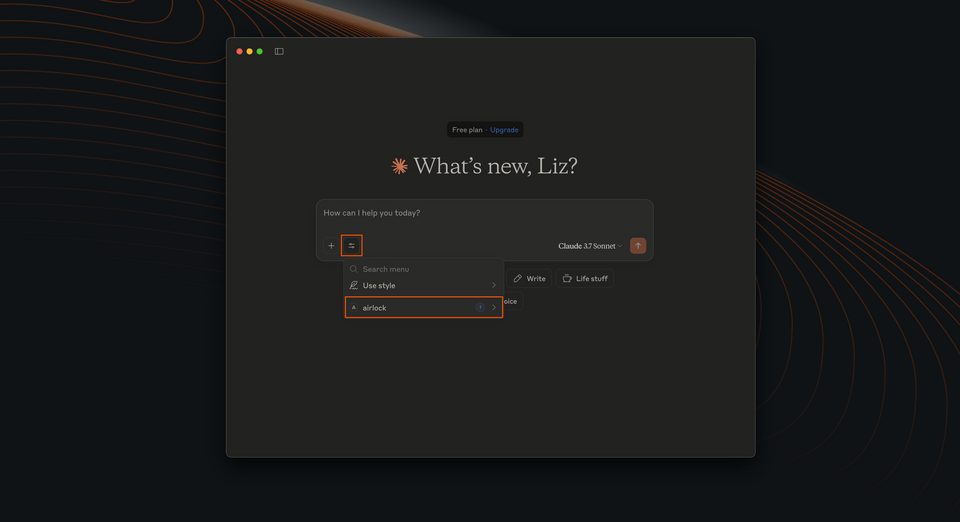 The Claude interface, highlighting the new Search & Tools button, with the dropdown open and the "airlock" item highlighted