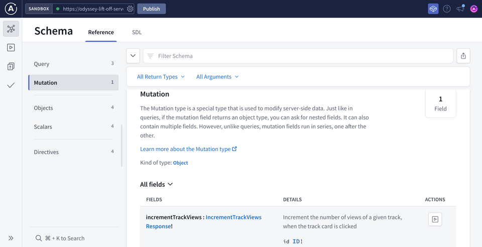 The Schema Reference page in Sandbox opened to the Mutation type