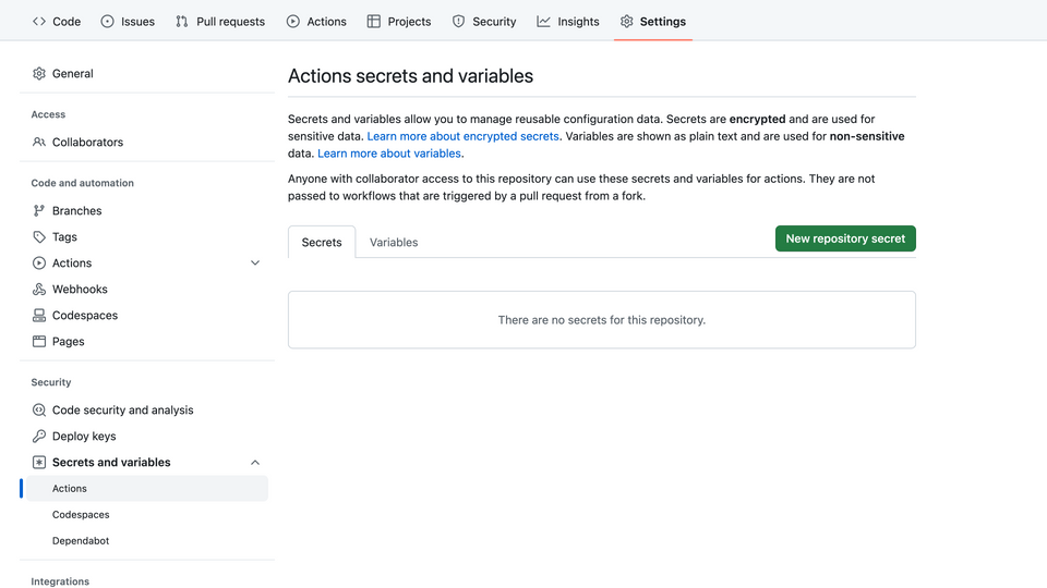 GitHub Actions - secrets and variables