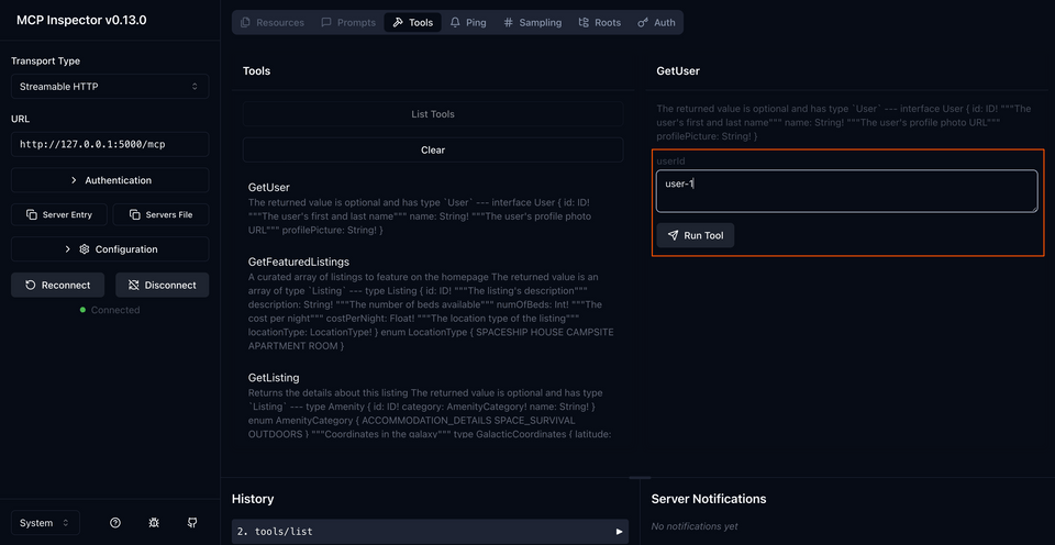 A screenshot of the MCP Inspector, highlighting the listing ID input