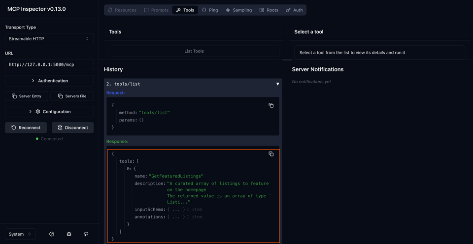 The MCP inspector with the History panel expanded, to see the request for tools