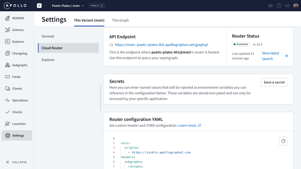 The Router Configuration page in Apollo Studio