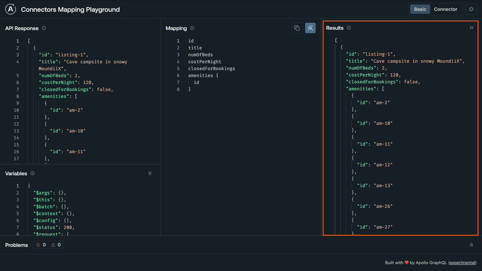 The Results panel, filled with the outcome of applying the mapping to the JSON response
