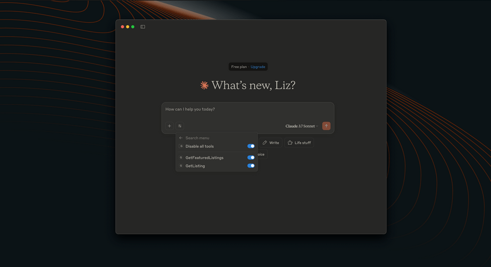 The Claude interface, showing the airlock tools updated now to include GetListing