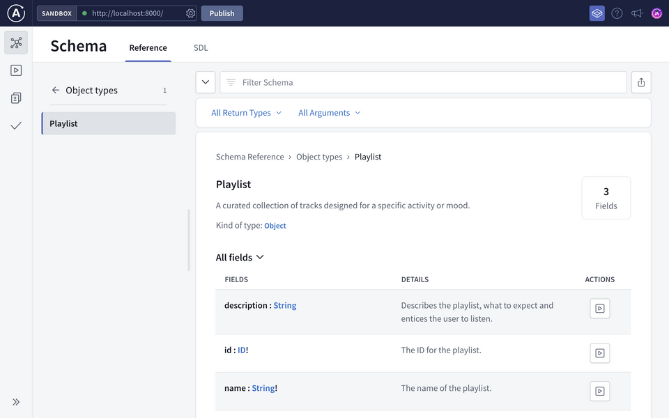 Sandbox showing Playlist schema with descriptions