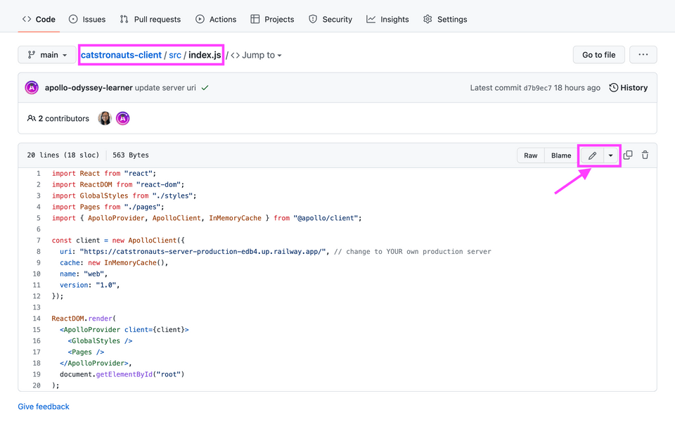 In the GitHub UI, click the pencil icon to edit the file