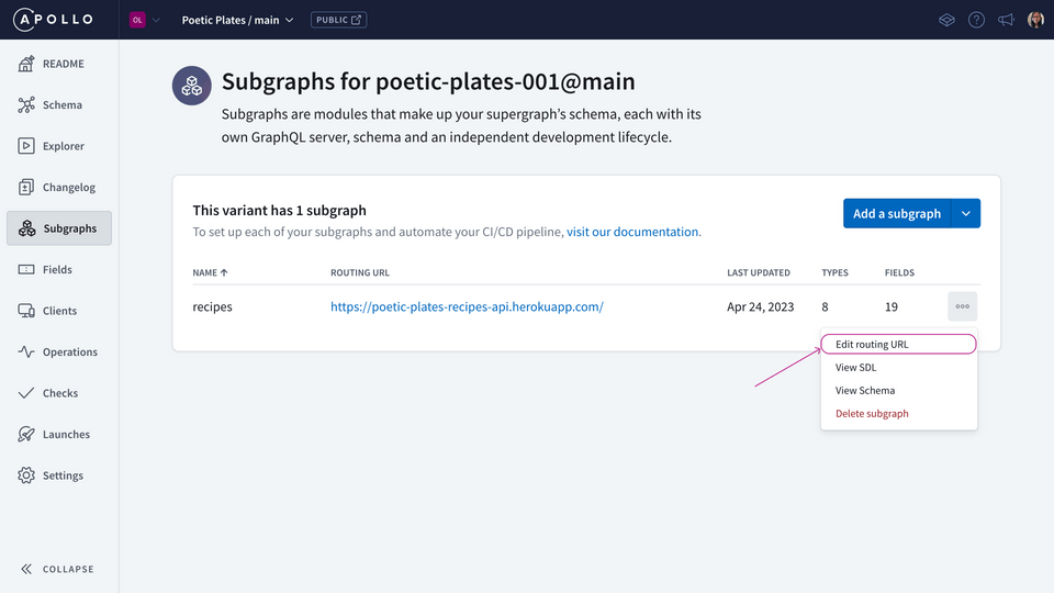 Studio Subgraphs page, click three dots and select edit routing URL