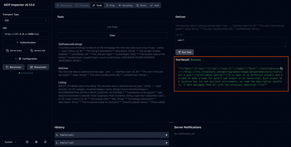 A screenshot of the MCP Inspector, highlighting the resulting data from running the tool