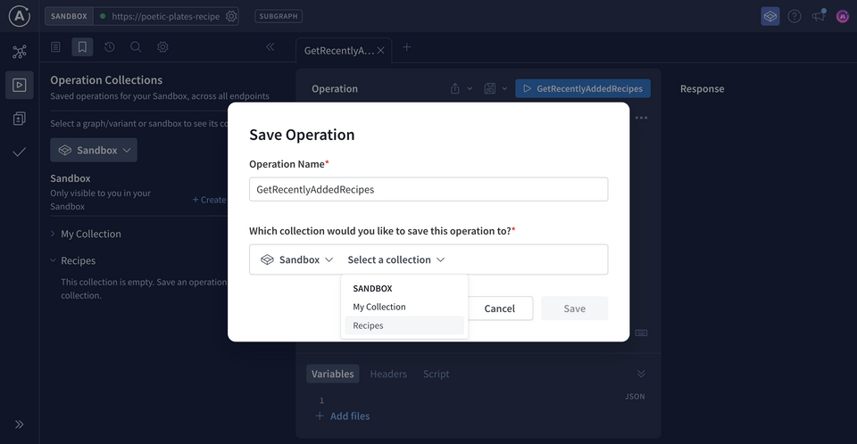 A screenshot of a modal in Sandbox, with inputs to save the selected operation to a particular collection. The collection dropdown is expanded to reveal the newly created Recipes collection.