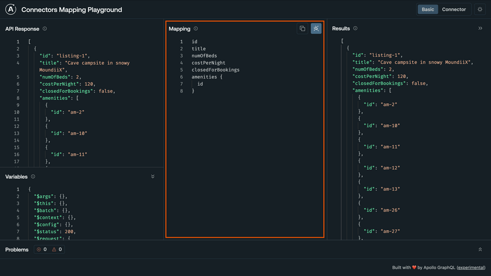 The Mapping panel, filled with some default syntax to select properties