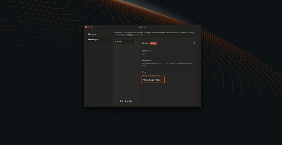 A screenshot of the Claude application opened to Developer Settings. A red box highlights the Open Logs Folder button