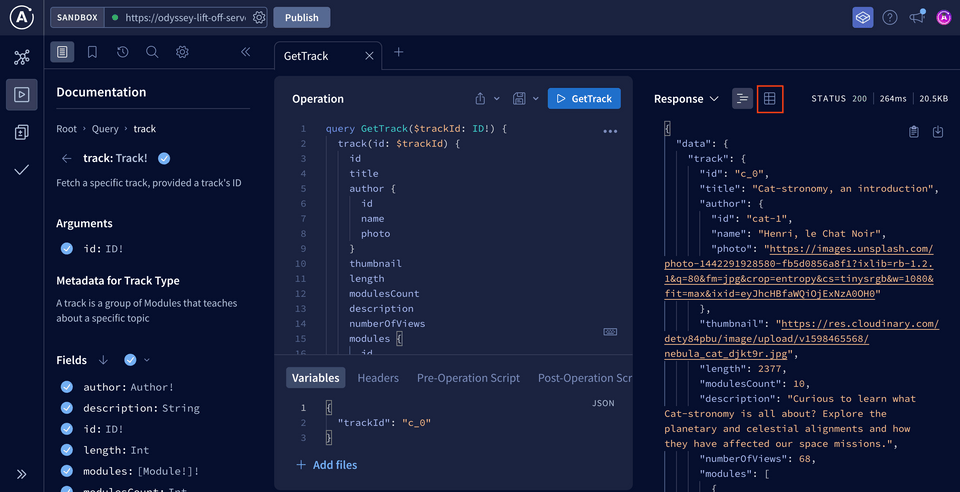 Screenshot of the Explorer highlighting how to format Response data in a table view