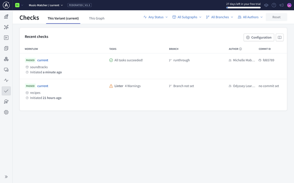 The Studio Checks page showing the results of the latest schema check