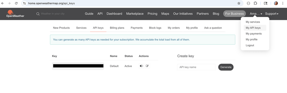 Screenshot open weather api key dashboard