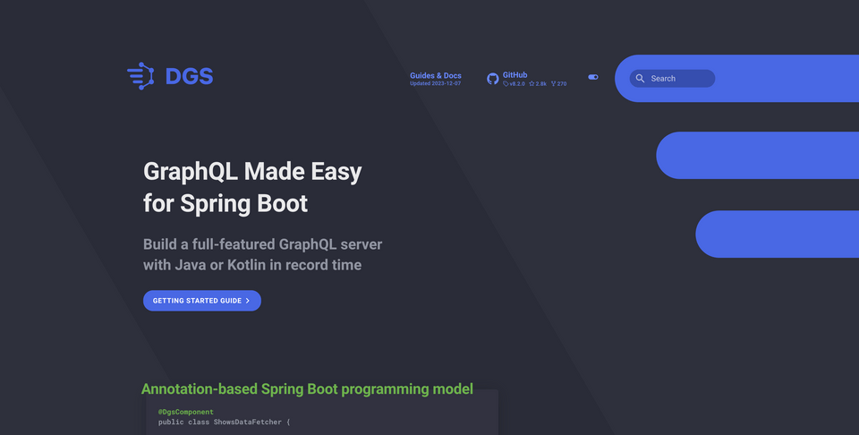 The DGS homepage, with the title GraphQL Made Easy for Spring Boot
