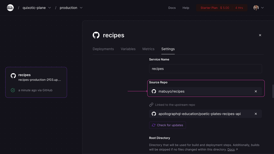 Railway app Settings, Service tab, showing where to find the Source repo