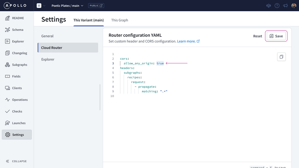 The Router Configuration page in Apollo Studio, with localhost added and the Save icon emphasized