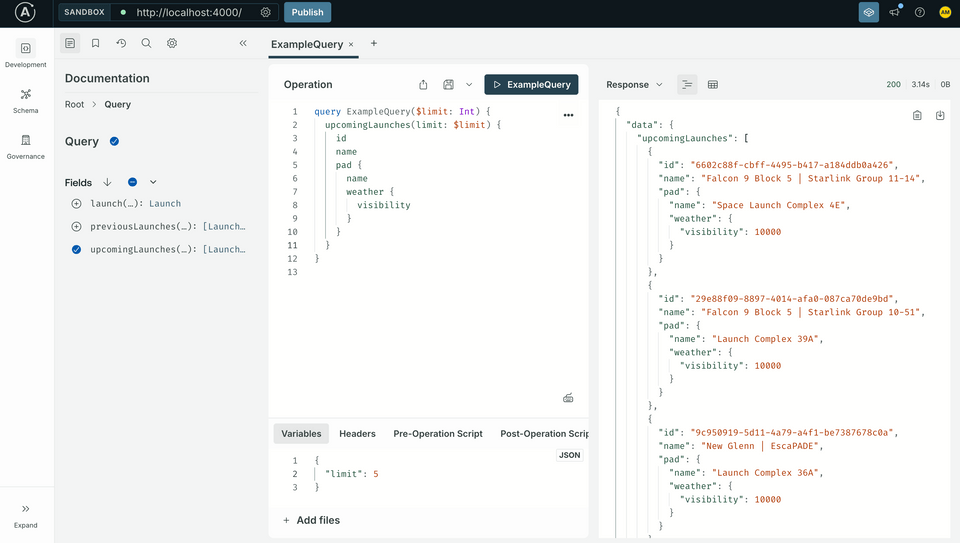 A screenshot of the sandbox running locally with example query
