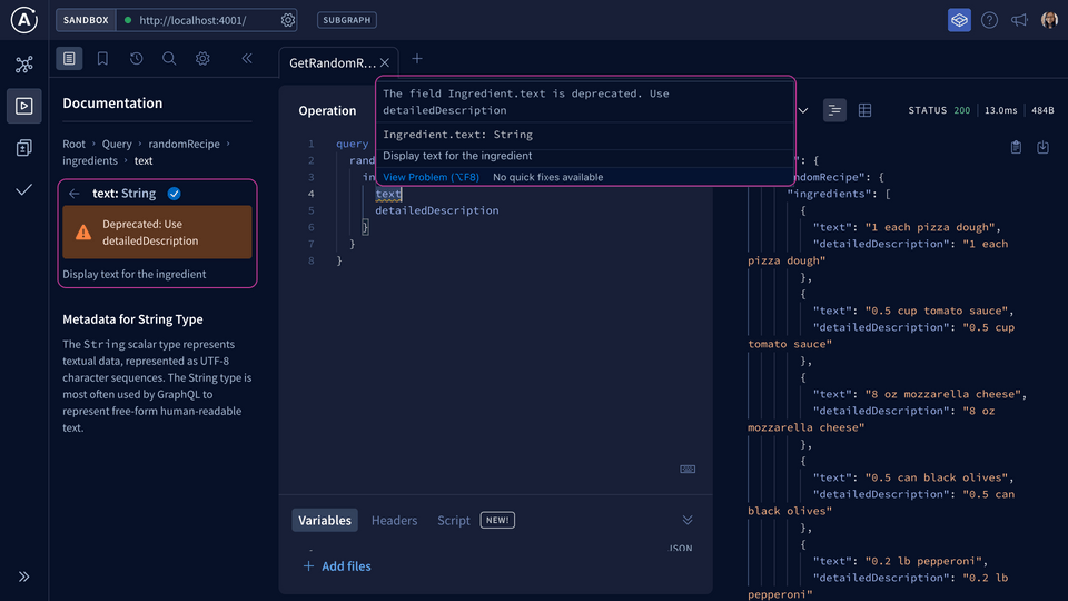 Sandbox Explorer showing a deprecated message for the text field