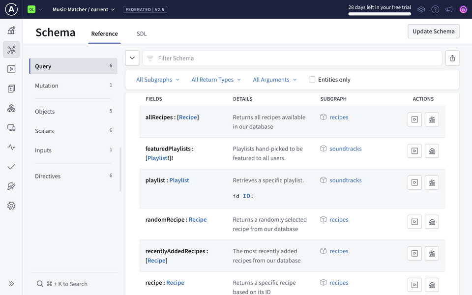 Schema reference page for the Query type in Studio