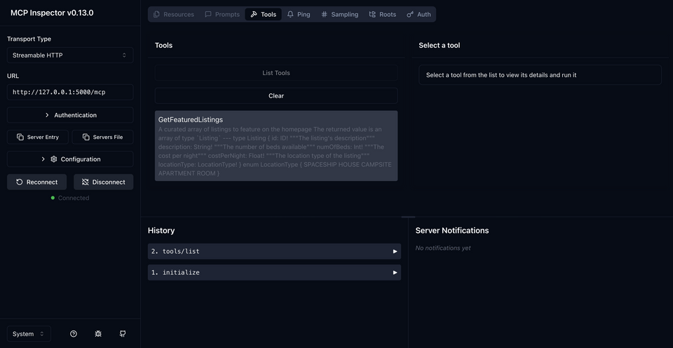 The MCP inspector with a closer look at the GetFeaturedListings tool