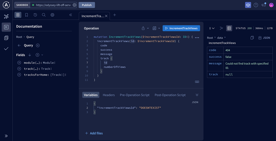 Screenshot of the Explorer showing a 404 response to the IncrementTrackViews mutation