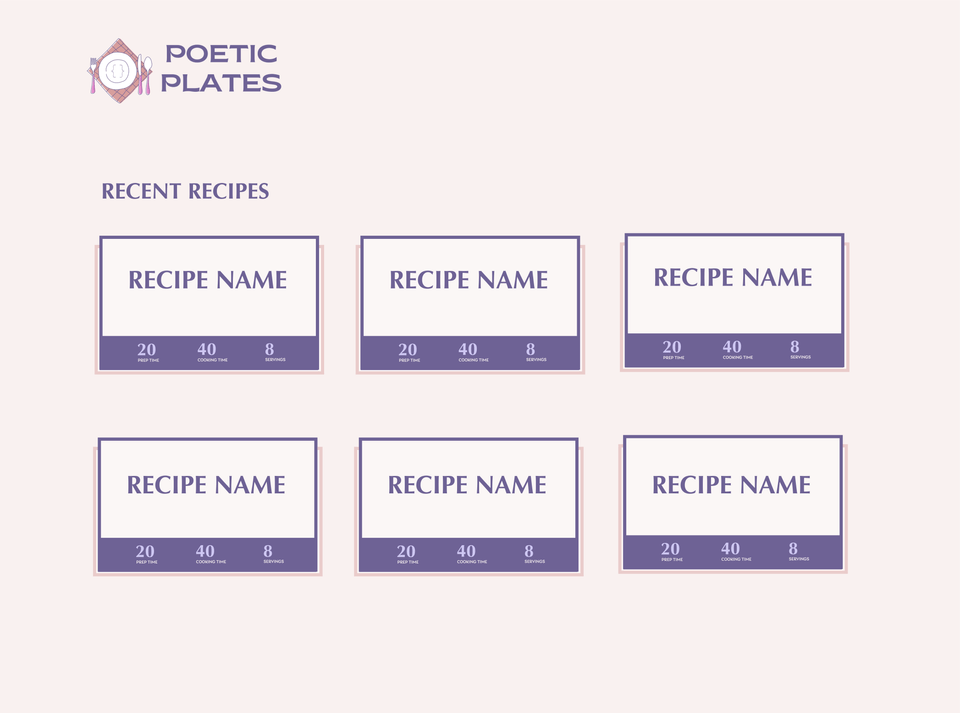 A mockup from the Poetic Plates app, showing a number of recipe boxes under a header titled "Recent Recipes."