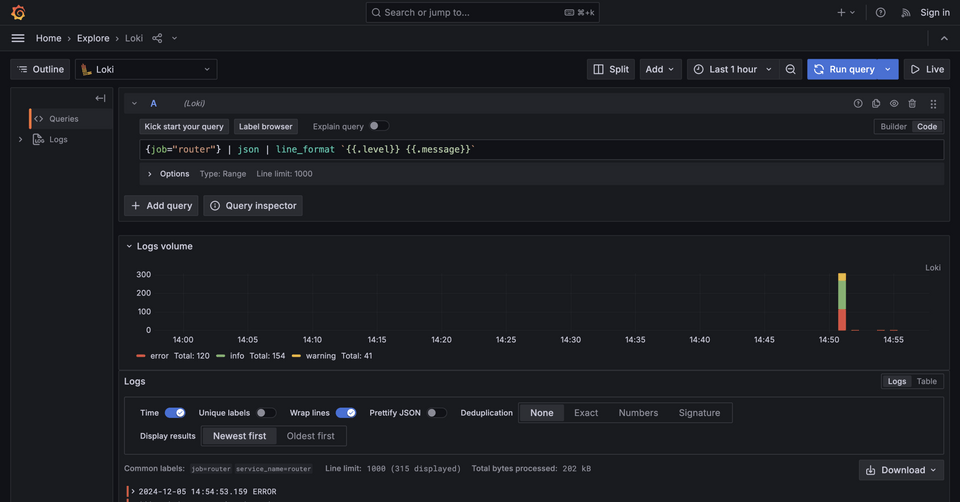 A screenshot of the Loki query results, showing logs returned