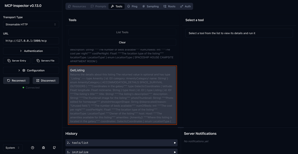 A screenshot of the MCP Inspector, reflecting two tools in the List