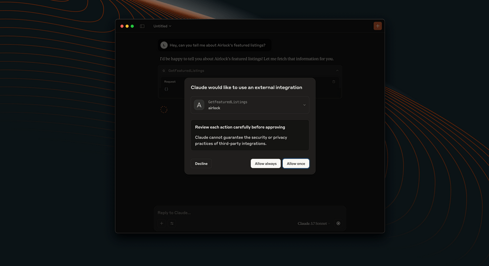 The Claude interface, showing a modal asking us to allow it to use an external integration