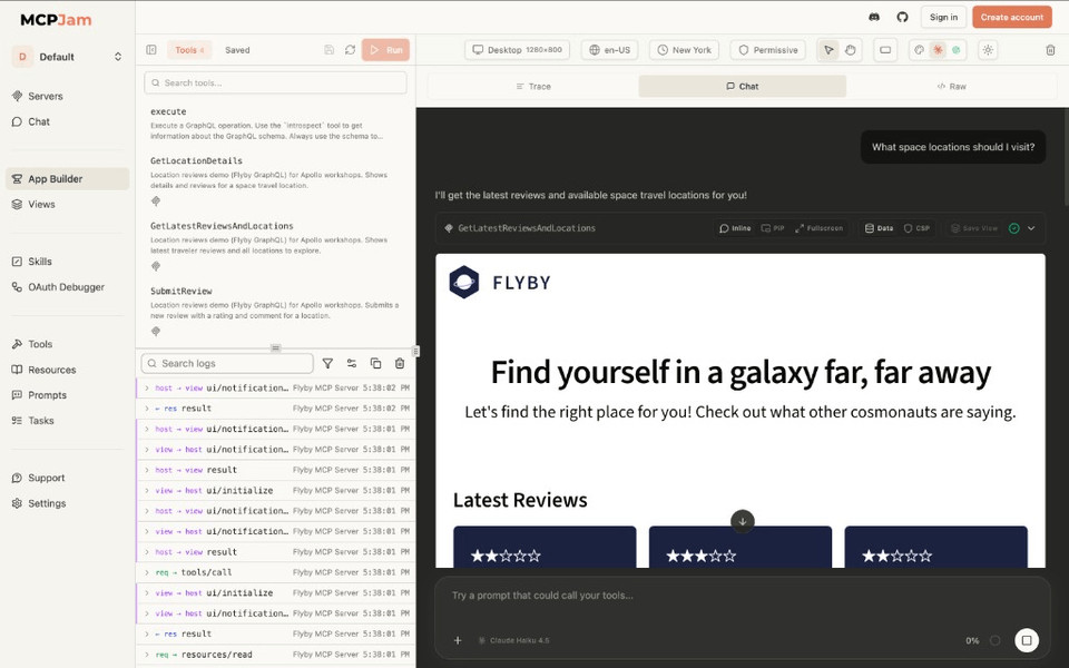 MCPJam App Builder with a prompt about space locations and the Flyby latest-reviews UI rendered in the chat