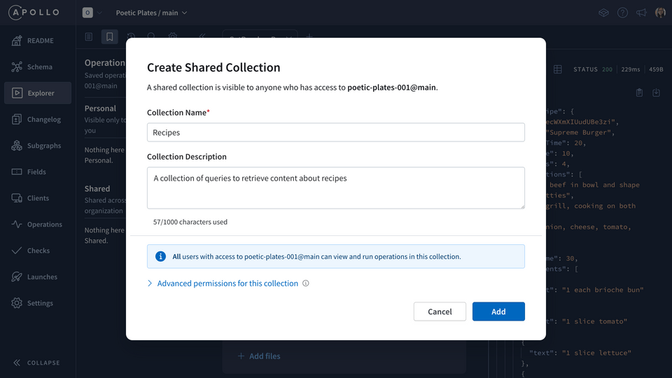 Creating a collection, filling in the name and description in the modal