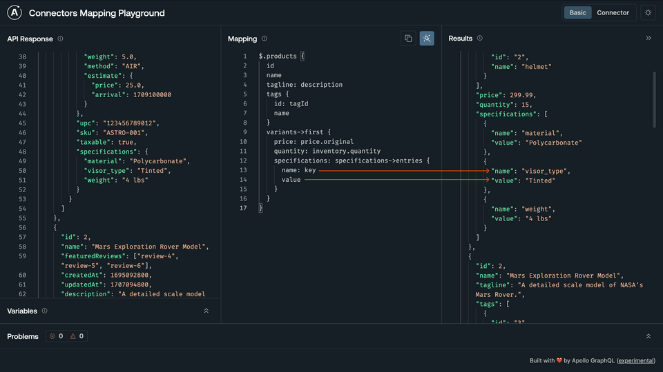 The Mapping and Results panels updated to return specifications keyed the way we want, with name and value