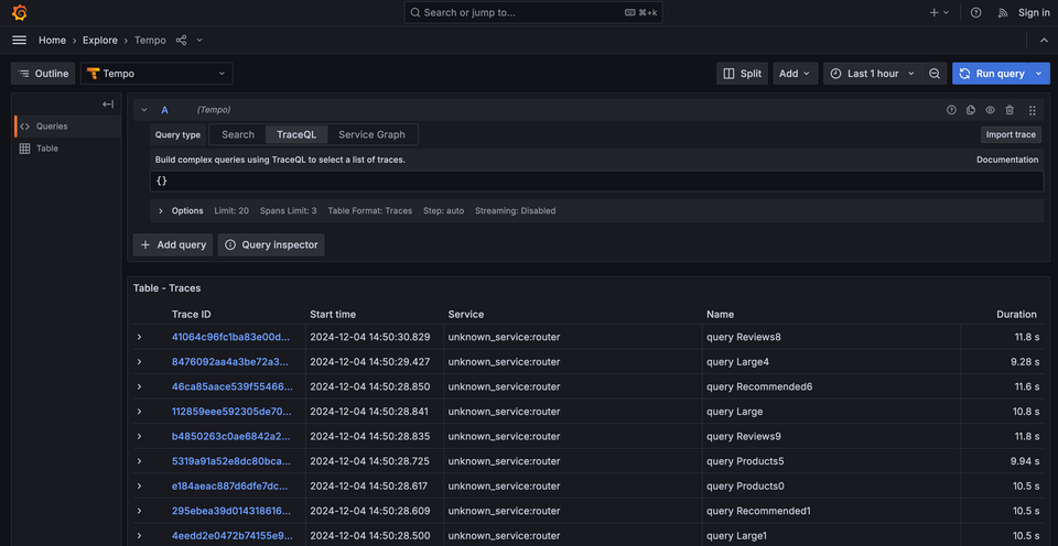 A screenshot of all the traces