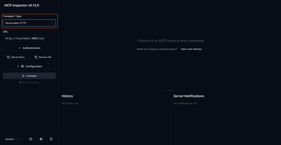 The MCP Inspector, highlighting the options in the left-hand menu, and set to Streamable HTTP