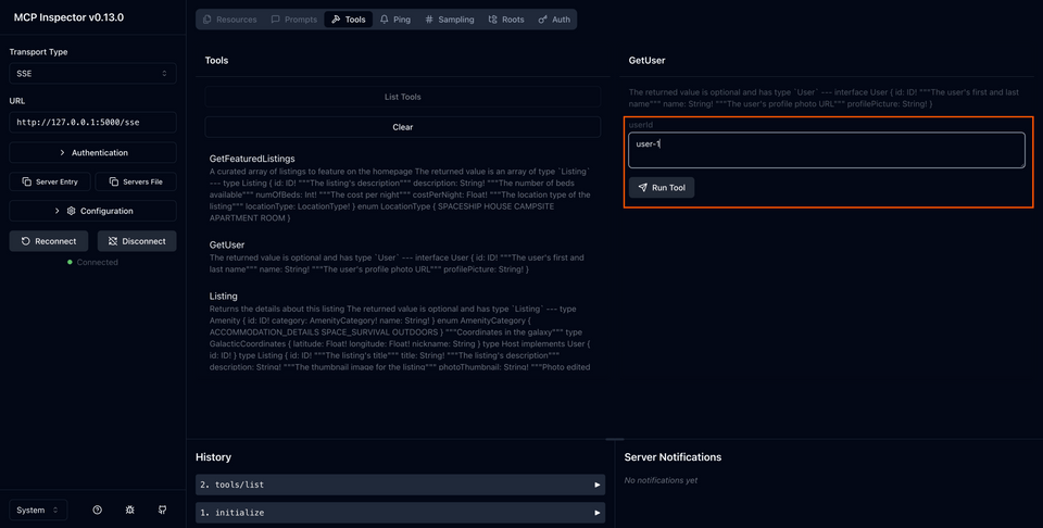 A screenshot of the MCP Inspector, highlighting the listing ID input