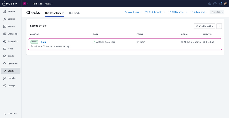 The Studio Checks page showing the results of the latest schema check