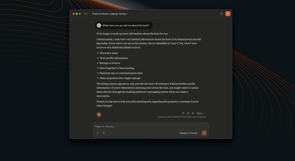 The Claude interface, responding to our question about the host