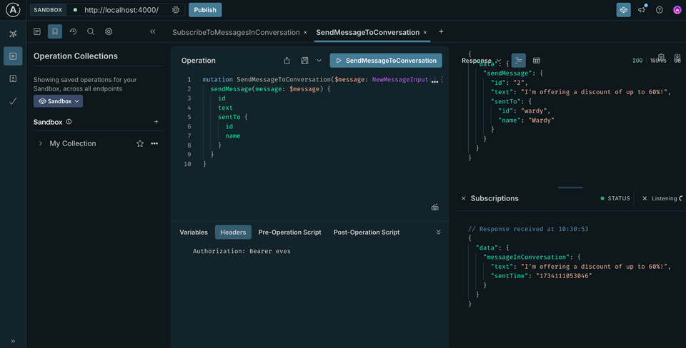 A screenshot of Sandbox, showing both mutation and subscription data in the Response panel