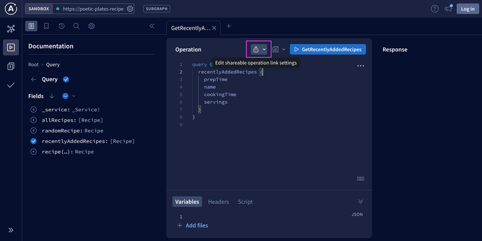 A screenshot of the Sandbox environment, with the cursor hovering over a share icon with the text 'Edit shareable operation link settings.'