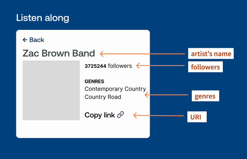 A mockup of an artist view, showing name, followers, genres and a link URI